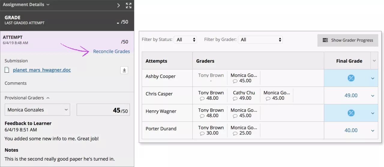 On the left, the window shows the Assignment Details page with the Grade section visible. A purple arrow is pointing to the Reconcile Grades link. On the right, the Reconcile Grades table is shown, with a list of attempts, the graders for each attempt, and the Needs Reconciliation icon in the Final Grade column for those attempts that still need reconciliation.