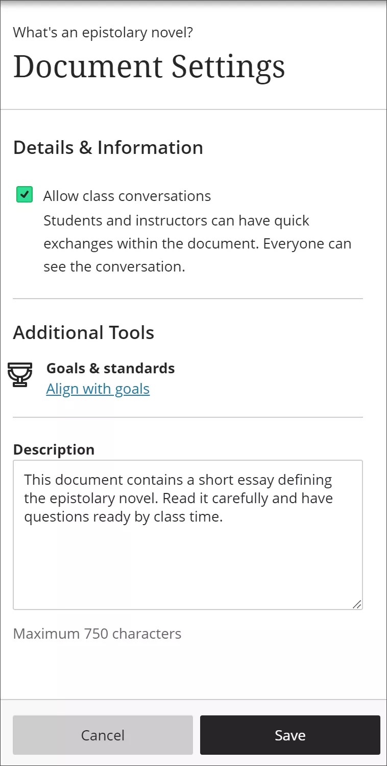 Image of Document Settings panel with example text typed in Description field