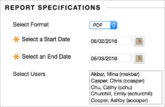 Report Specifications section of the Course Reports page