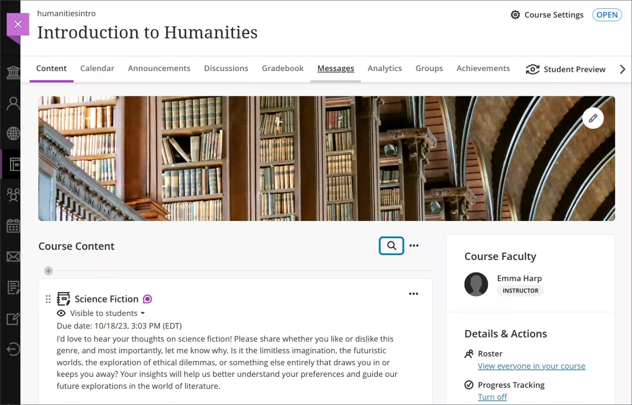 The Search icon, which is a magnifying glass, is highlighted on the Course Content page