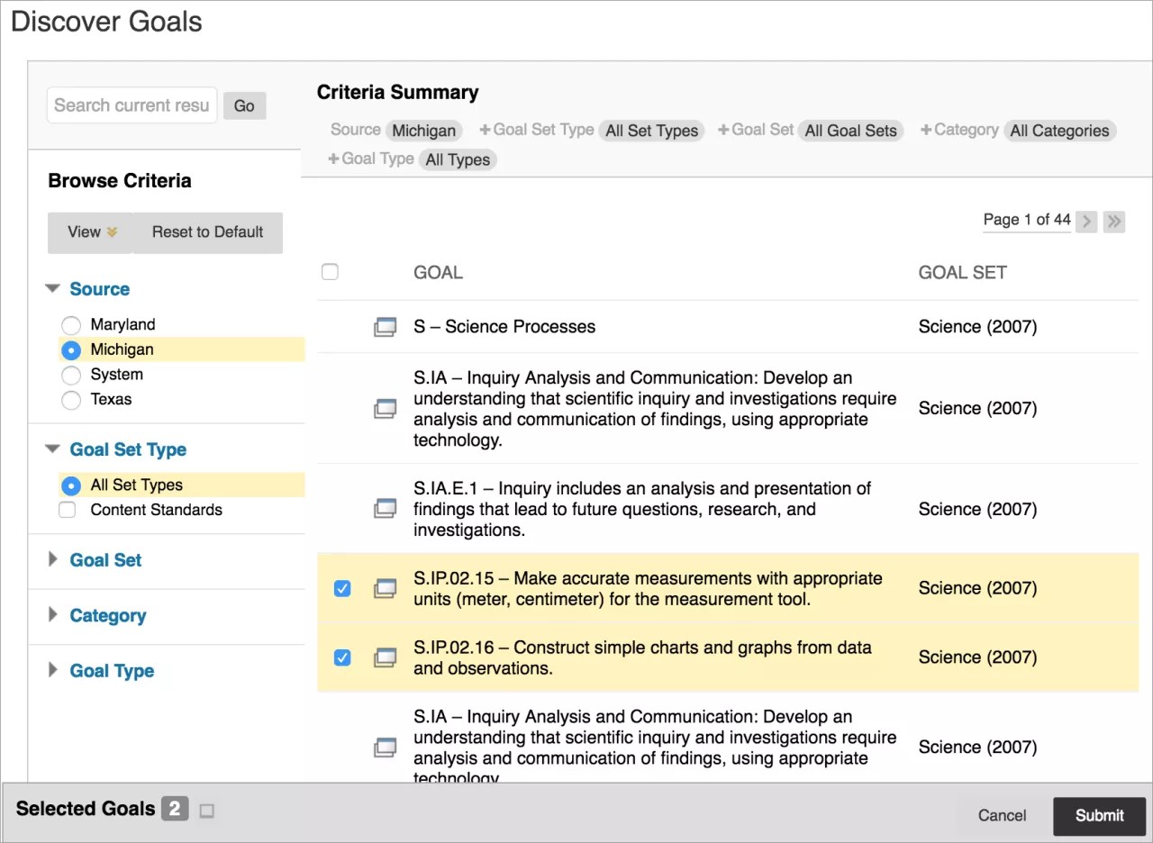 Discover Goals screen, showing the goals and criteria summary