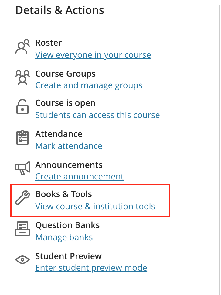 The Details & Actions menu with the Books & Tools choice highlighted