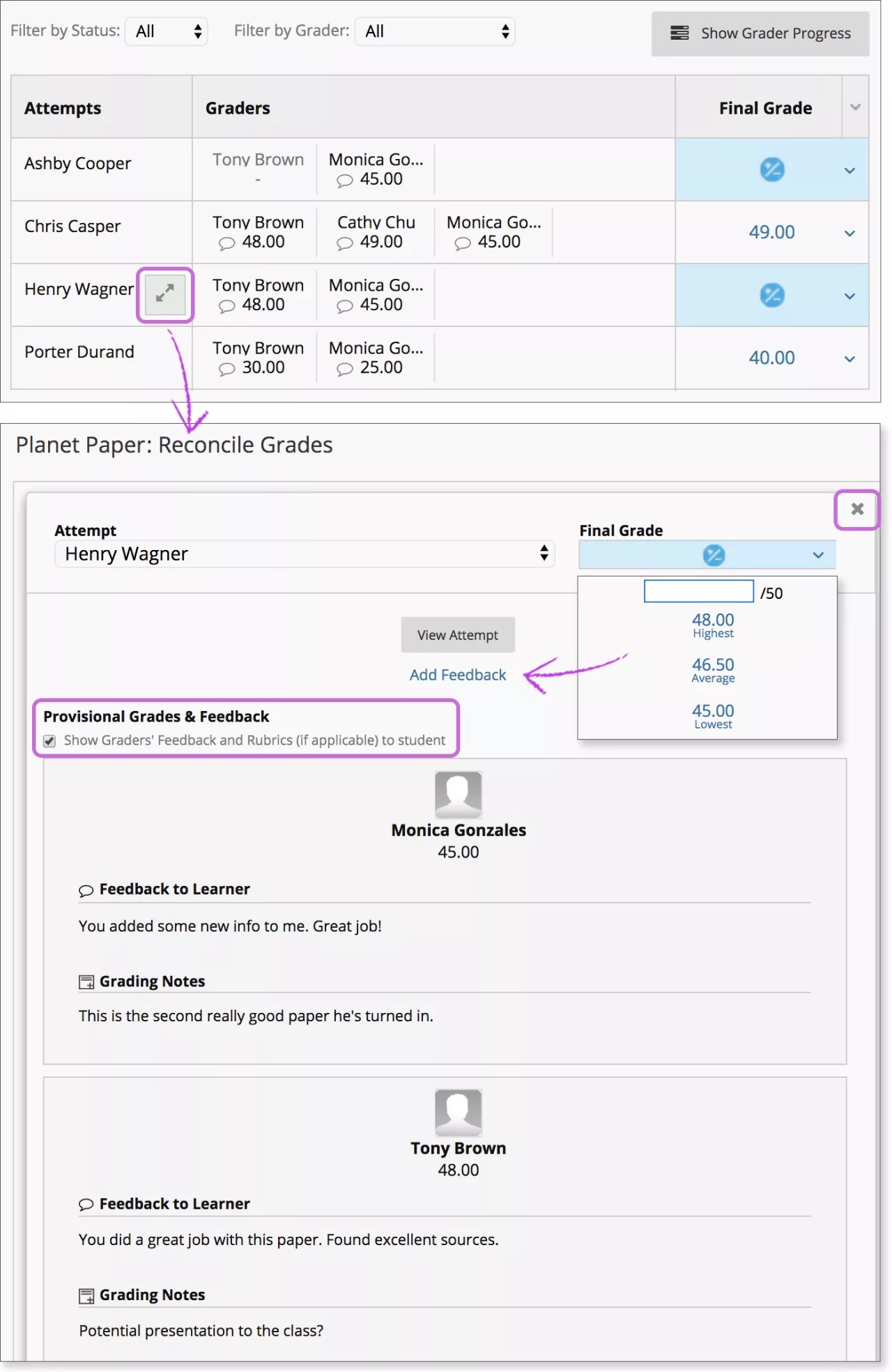 At the top, the Reconcile Grades page with the Show Detail View icon highlighted in purple and showing an arrow leading to the detail view on the bottom. An arrow points to the link to Add Feedback and the option to Show Graders' Feedback and Rubrics (if applicable) to student is boxed in purple. Feedback to Learner and Grading Notes from each Grader are displayed.