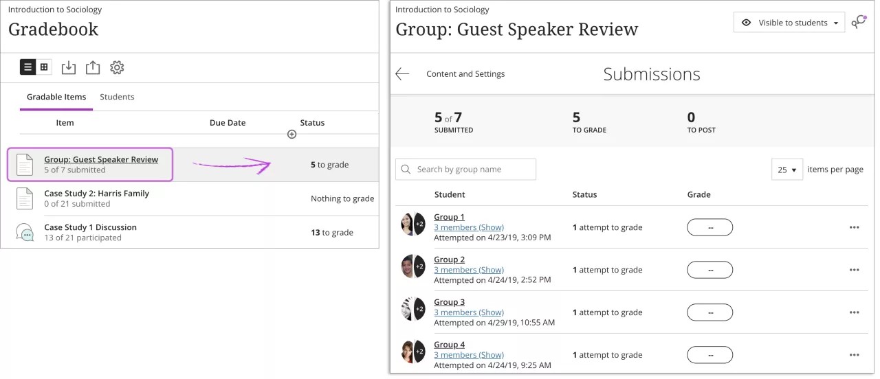 On the left, the Gradebook is open with the "Gradable items" tab selected and a particular group assignment selected and highlighted. On the right, the Submissions page is open with the group submissions list displayed.