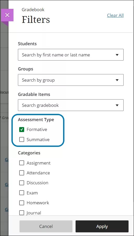 In the filters panel, under the "Assessment type" section there are two options: formative and summative.