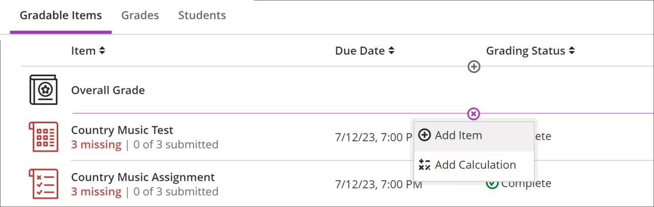 Gradable items view of add an item or calculation