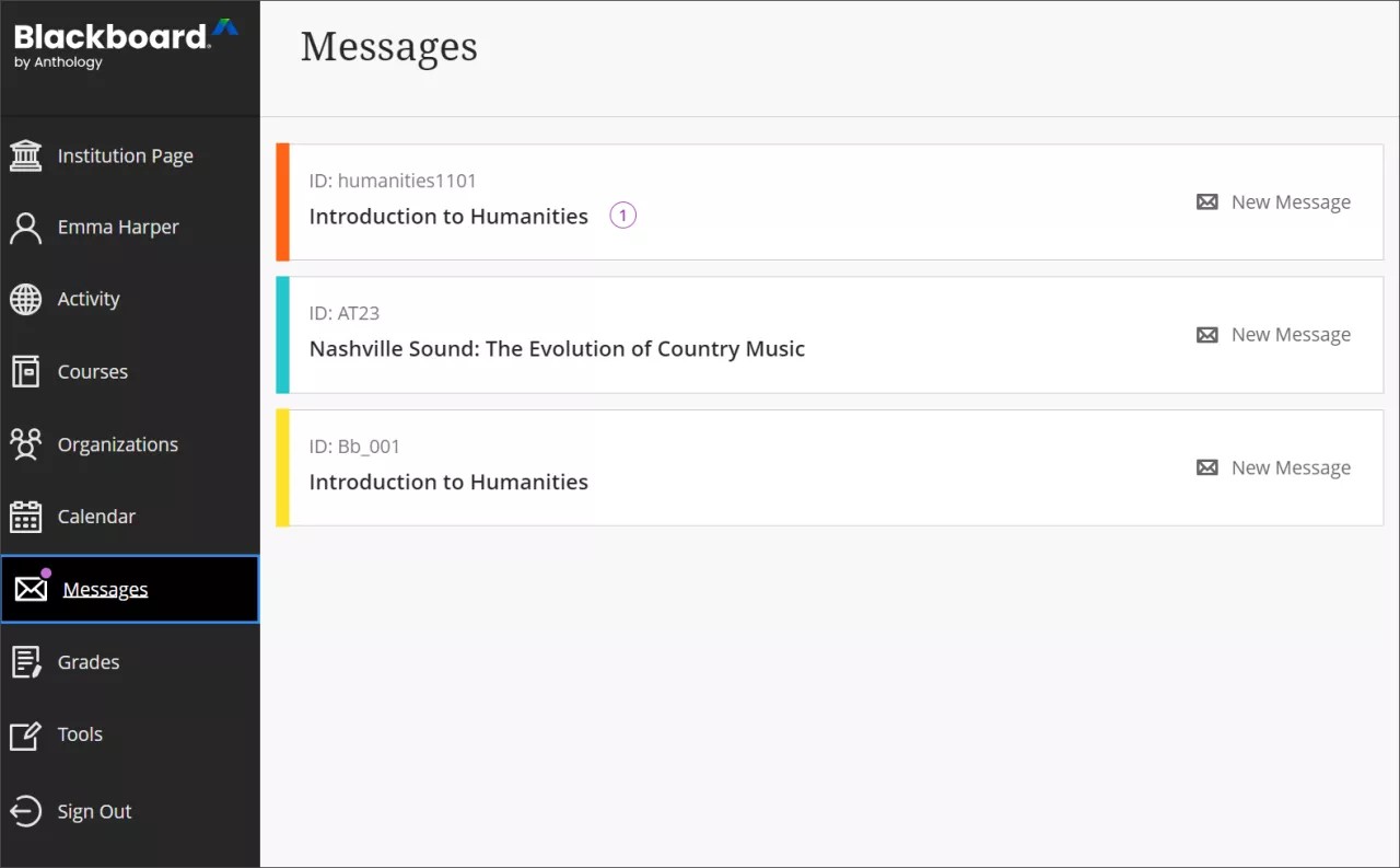 Messages landing page showing three new messages from three different courses.