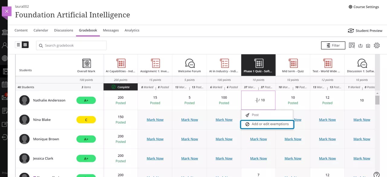 Add exemptions from the gradebook grid view.