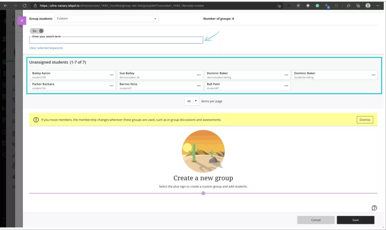 The Groups page is open with 1) the text "Ba" typed in the search bar and 2) the search results highlighted in the Unassigned students section.
