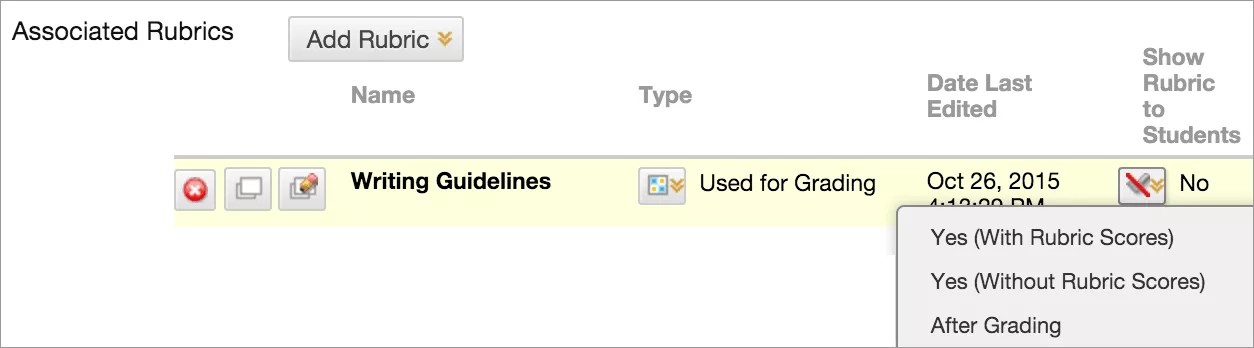 The Associated Rubrics page, showing the Writing Guidelines rubric as the Used for Grading rubric, with the Show Rubric to Students menu expanded to show Yes (with Rubric Scores), Yes (Without Rubric Scores), and After Grading.