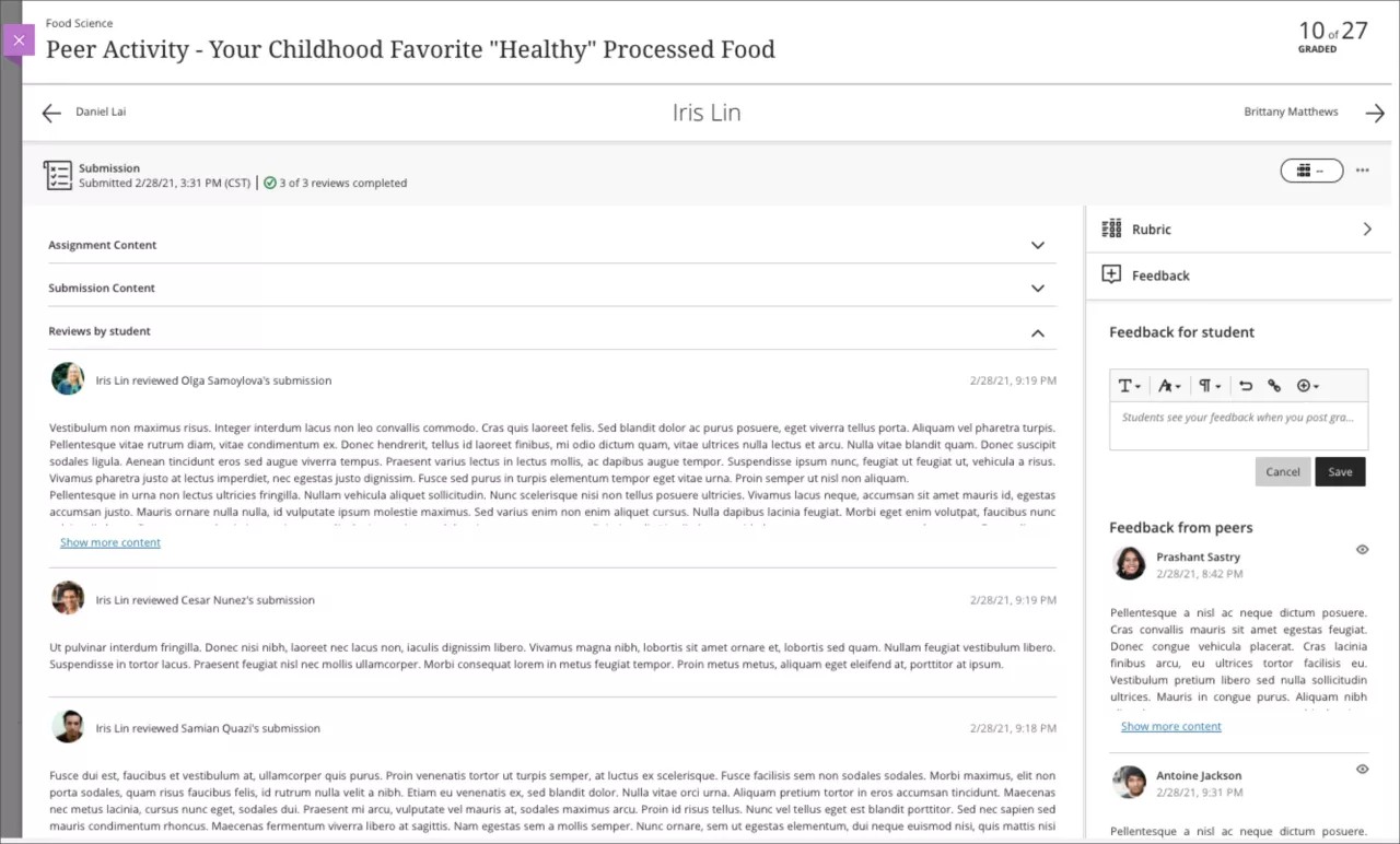 An example student's grading panel is open with 1) the "Reviews by students" option displayed, 2) the feedback icon selected, and 3) the text box for adding feedback and the feedbacks from peers on screen.