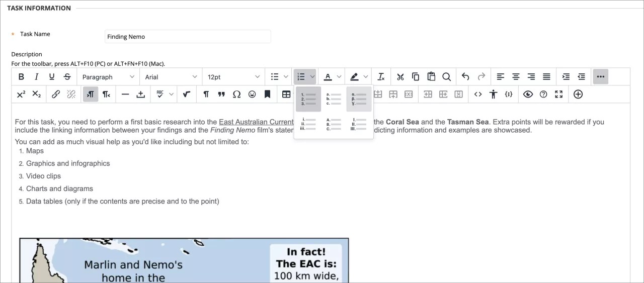 Content editor's number lists available
