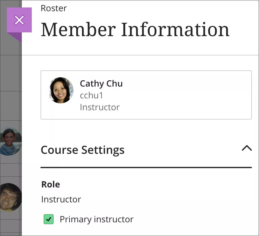 Member Information panel opened to display the instructor. In the Rose area, there is a selected checkbox next to the option indicating the instructor as Primary Instructor.