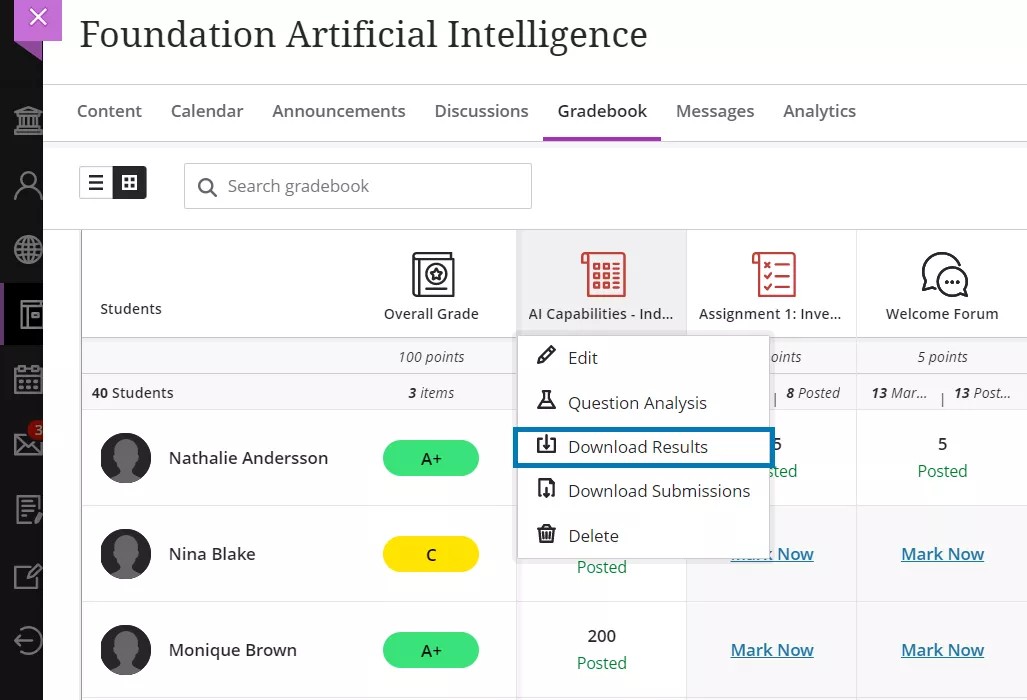 Download Results option from Gradebook grid view highlighted.