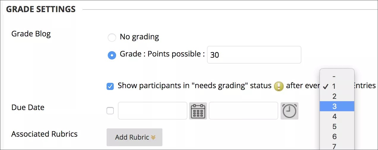 The Grade Settings Screen, showing the option to Show participants in "needs grading" status checked with the menu for the number of entries expanded and the number 3 highlighted.