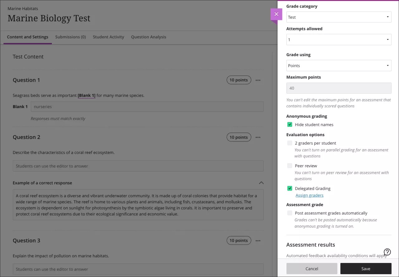 The assessment settings panel is open, with the delegated grading option visible on screen.