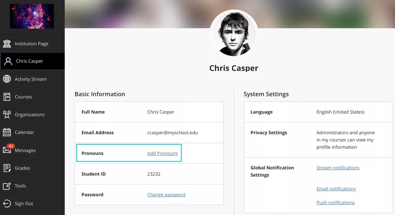 Selection of personal pronouns in your profile
