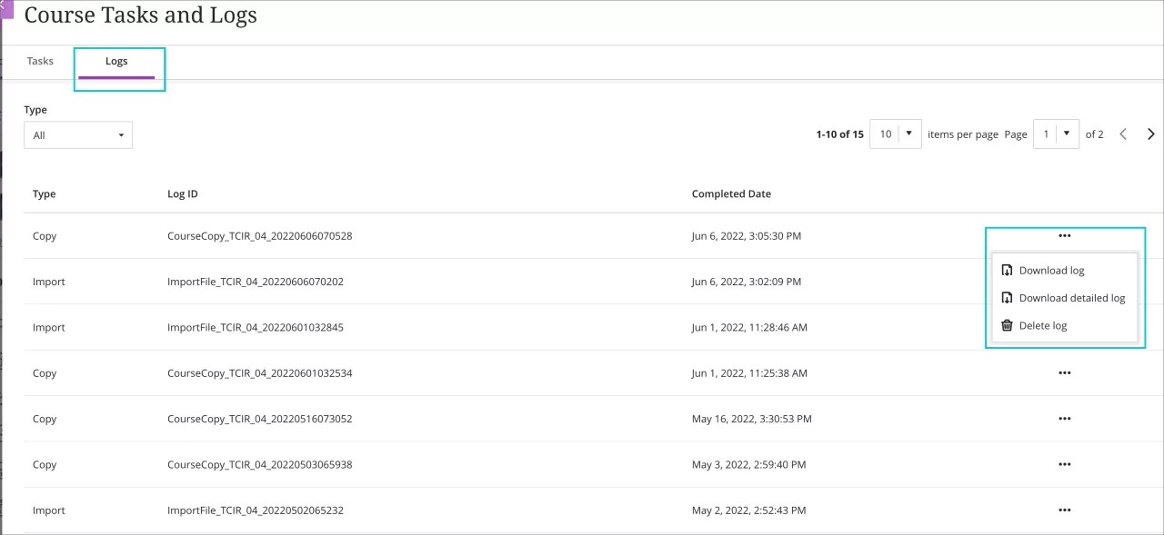 Course Tasks and Logs - Logs tab
