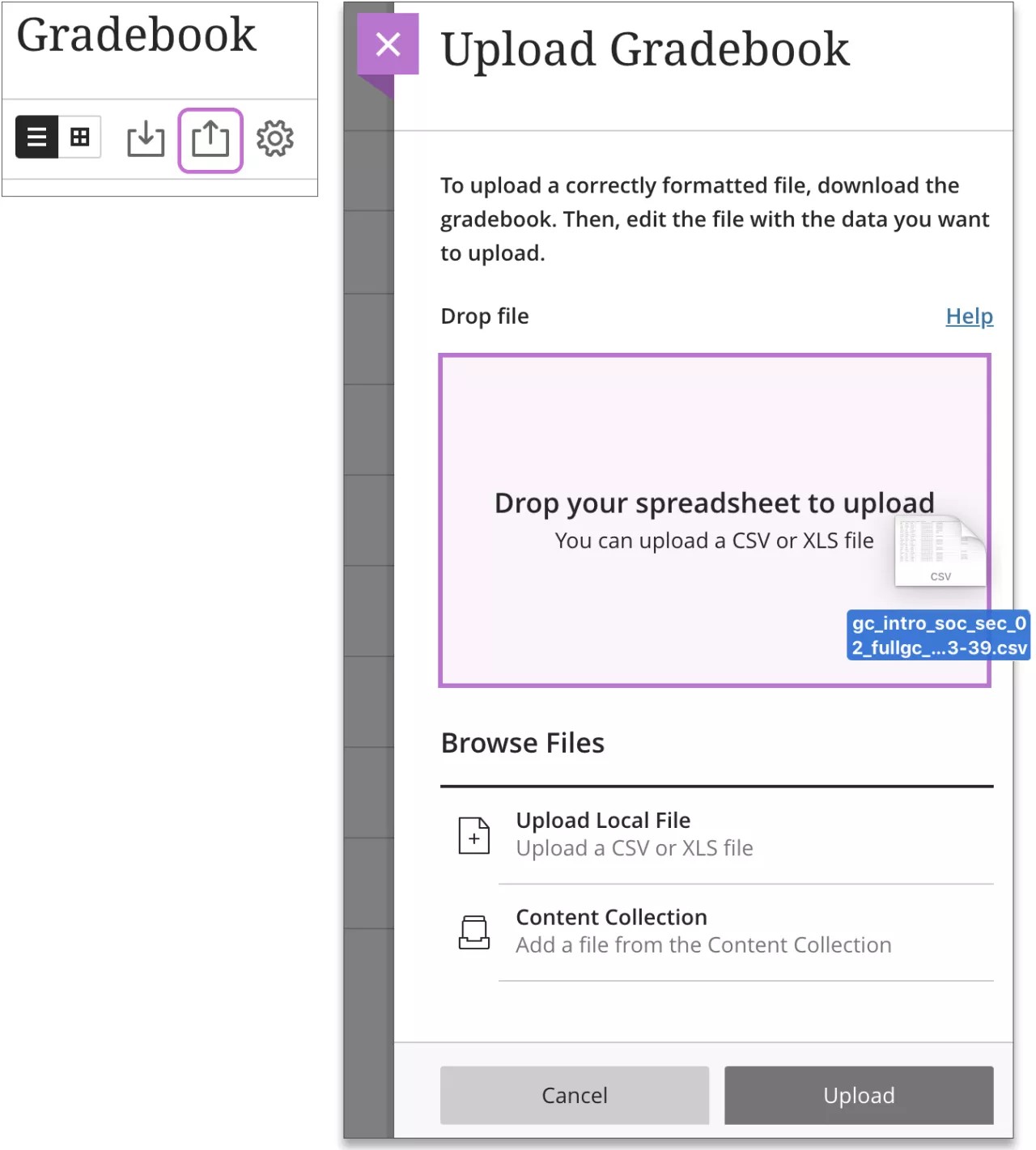 Upload gradebook panel