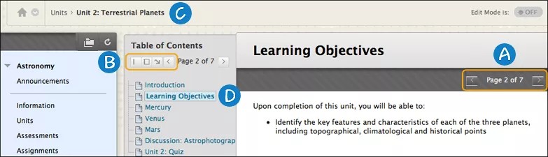 A learning module, with the arrows used to navigate sequentially marked with the letter A, the table of contents marked with the letter B, the breadcrumbs marked with the letter C, and the highlighted current page marked with the letter D.