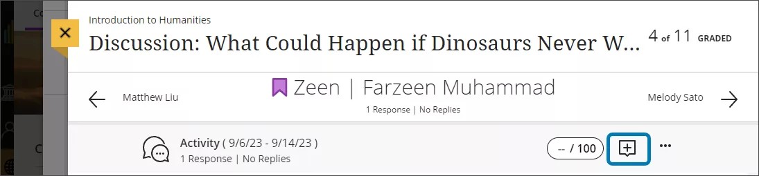 The header of a student's response, highlighting the plus icon of the Feedback button