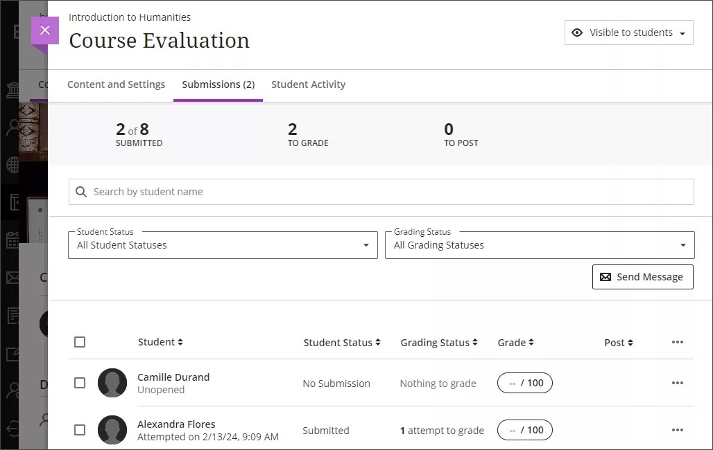 The submissions tab, showing that 2 out of 8 students have submitted the form and there's 2 forms to grade