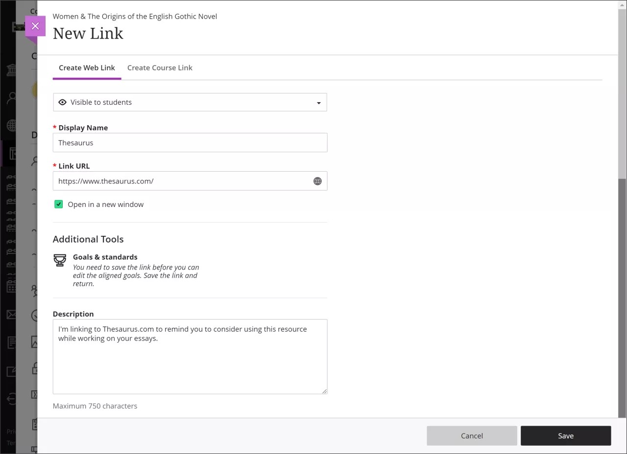 Imagen de la pestaña Crear enlace web en la página Nuevo enlace