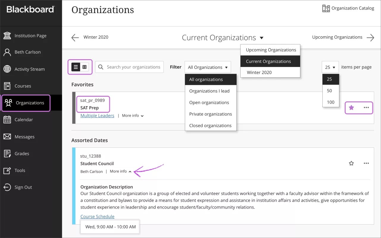 La pantalla global de organizaciones con la opción Organizaciones resaltada en la navegación básica. Los menús Filtrar, Período y Elementos por página aparecen expandidos. La opción Más información se indica con una flecha. El ID de la organización y el título de la organización sat_pro_0989 SAT Prep, el botón para la vista de lista y cuadrícula, y el icono de estrella están resaltados con cuadros violetas.