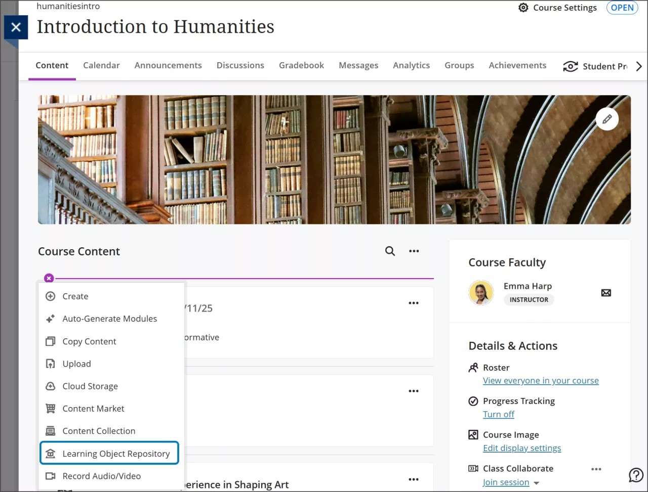 La página Contenido del curso, con el menú Crear elemento expandido y la opción Repositorio de objeto de aprendizaje resaltada