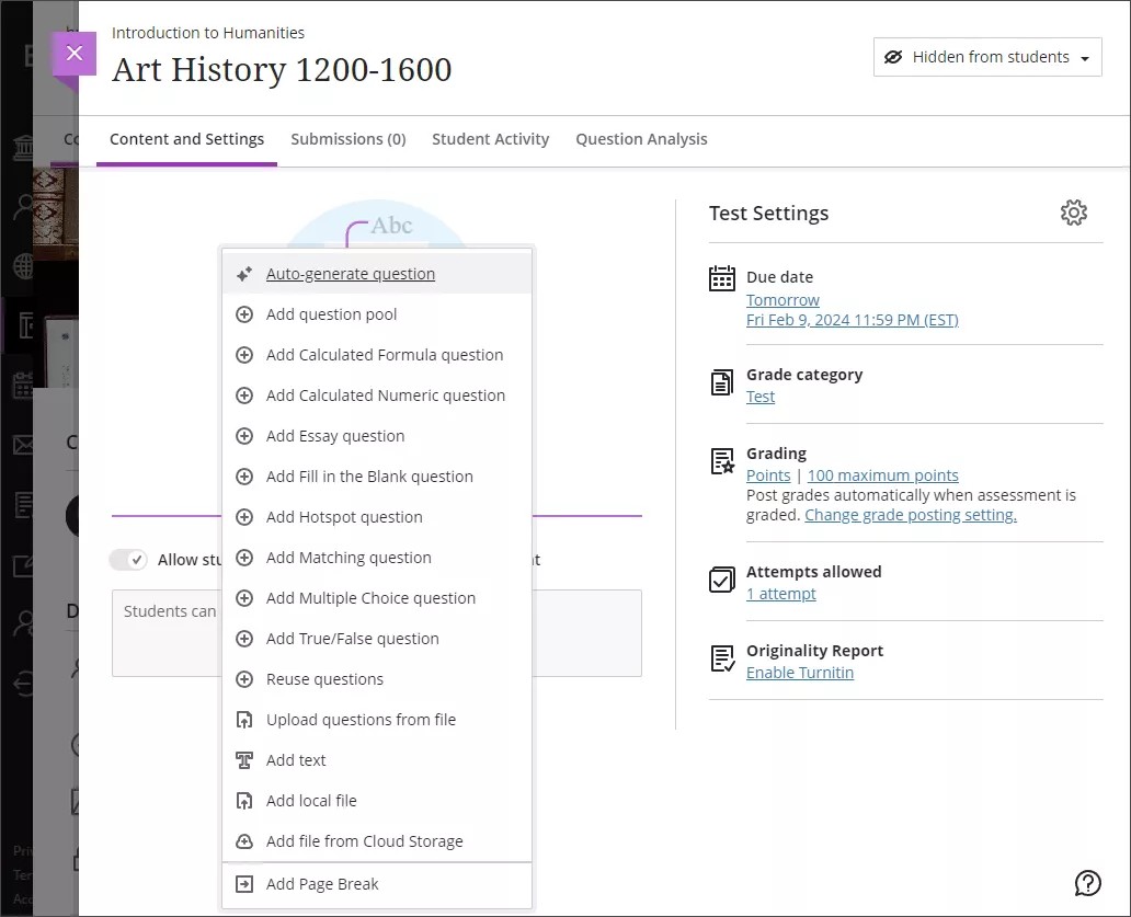 En el panel de preguntas de examen, la opción Generar pregunta automáticamente se encuentra en la parte superior del menú desplegable de nuevas preguntas
