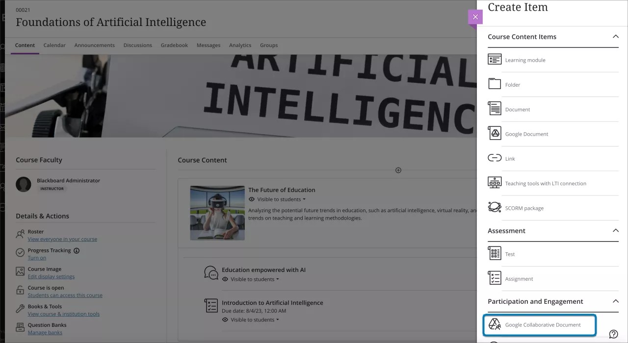 Panel Crear elemento con el documento colaborativo de Google resaltado