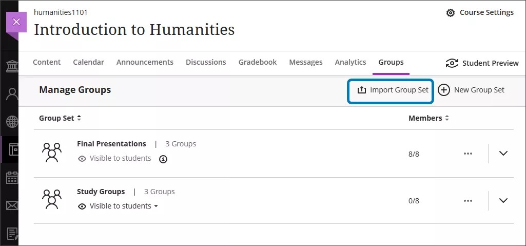 Grupos en un curso de Blackboard. Importar conjunto de grupos está resaltado en azul.
