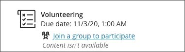 Notificación de Únase a un grupo para participar, que se muestra en el flujo de actividades de la vista de estudiante. La notificación muestra que el contenido no está disponible.