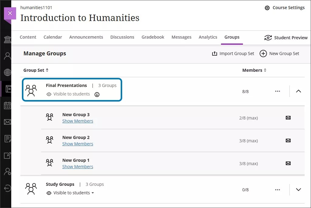 Administrar grupos en un curso de Blackboard. El nombre del conjunto de grupos está resaltado. Hay tres grupos dentro de este conjunto.