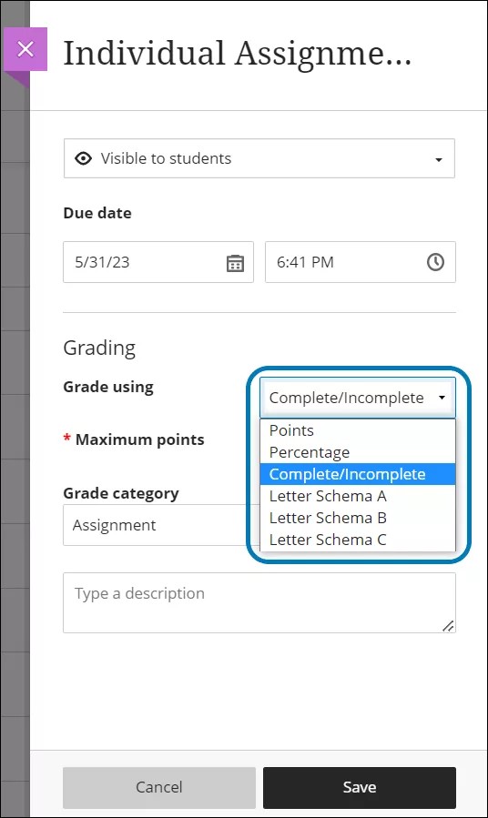 Esquema de calificación reflejado en la configuración del examen