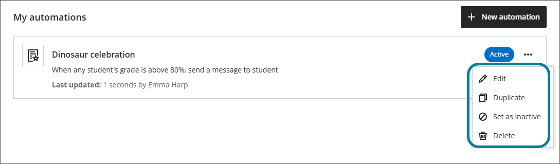 El menú de tres puntos para una automatización se expandió, mostrando la opción Editar con un icono de lápiz, la opción Duplicar con un icono de un papel encima de otro, la opción Establecer como inactivo con un icono de un círculo con una línea que lo atraviesa, y la opción Eliminar con un icono de papelera.
