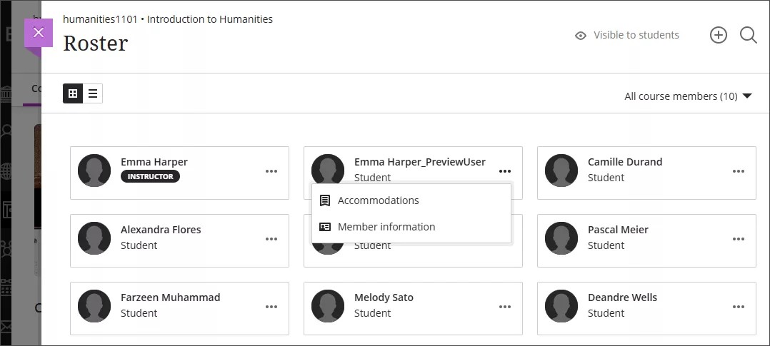 Page d'annuaire des étudiants, affichant un aperçu de l'utilisateur