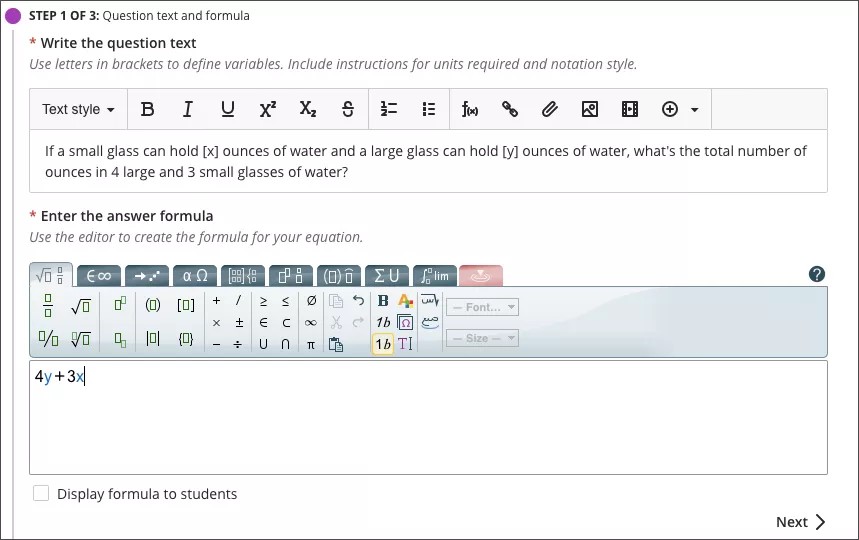 Il s'agit d'un exemple de question de type Calcul en mode d'édition.