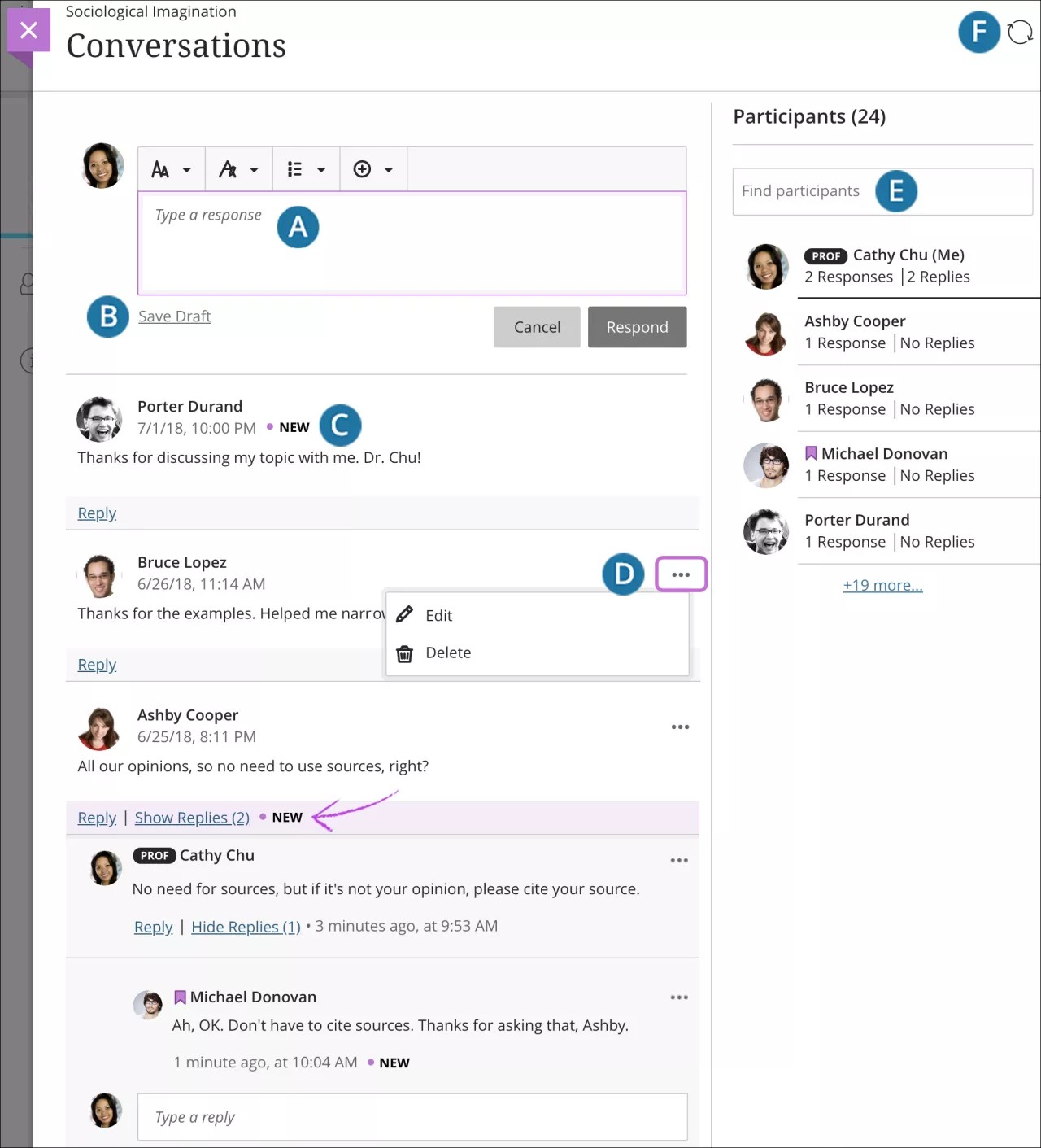 Page de conversations avec un fil de discussion de publications et de réponses des étudiants et du professeur.