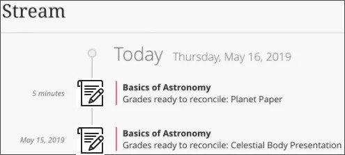 Notification « Notes à rapprocher » dans le flux d'activités de la vue du professeur.