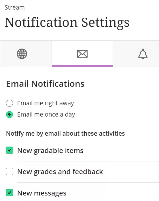 Panneau des paramètres de notification, avec les notifications par courriel sélectionnées
