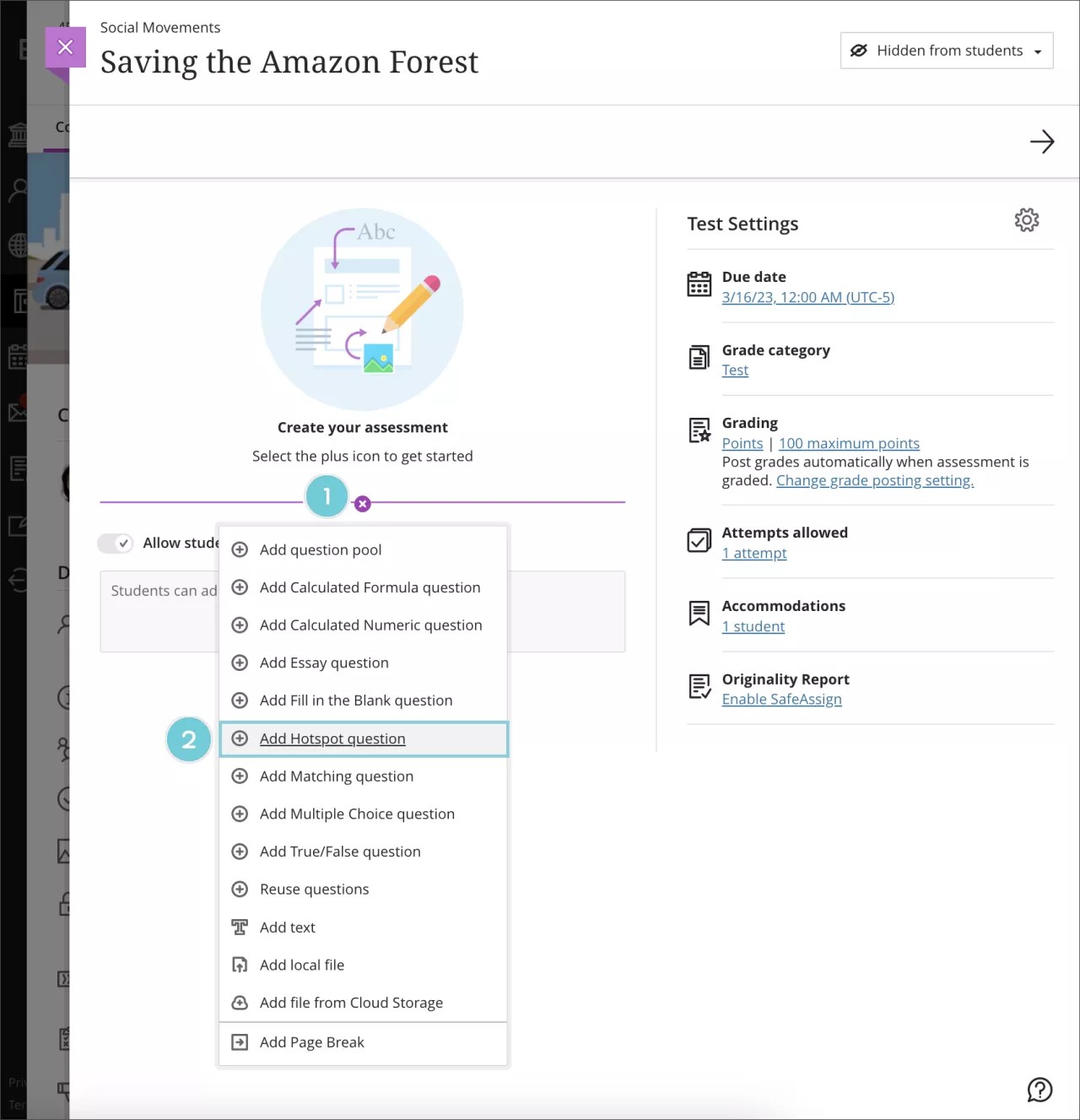 Ajouter un élément de menu de questions de type Point actif à choisir dans le menu Types de questions