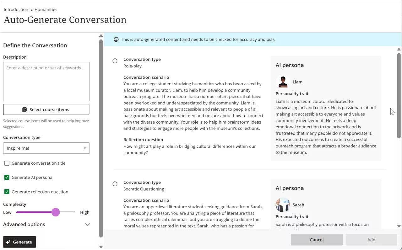 La page d'accueil permettant de générer automatiquement des conversations IA, avec des options de personnalisation sur la gauche et des descriptions des conversations sur l'IA sur la droite