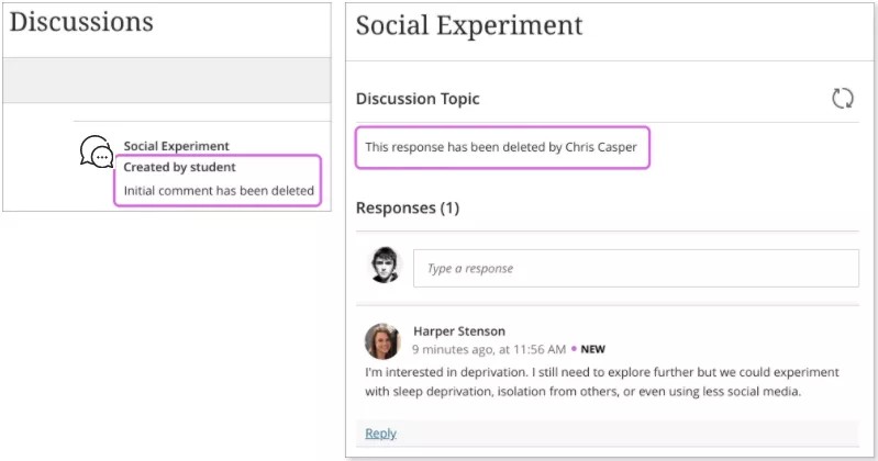 Page de discussions avec un élément supprimé par un étudiant, qui affiche à tous les utilisateurs un message indiquant que la publication a été supprimée.
