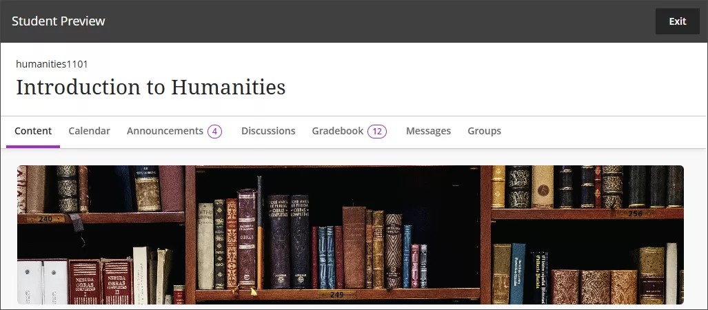 Page de contenu du cours en mode Aperçu pour étudiant, avec Exit en haut à droite