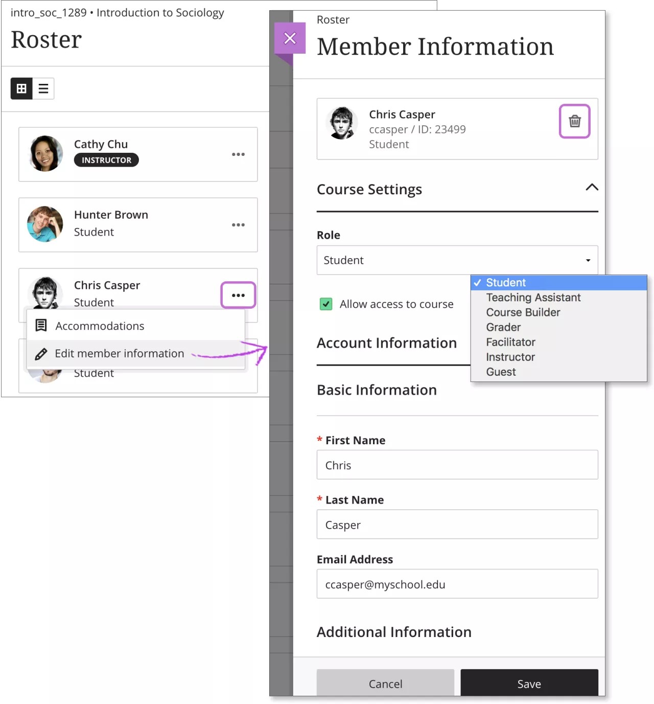 Le panneau d'information sur les membres s'est ouvert sur la page Annuaire des étudiants, qui affiche les options dont vous disposez pour mettre à jour les informations sur les étudiants.