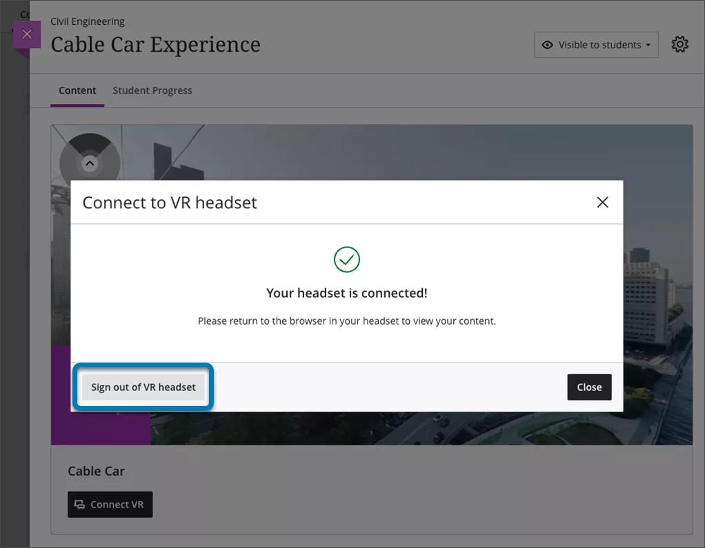 Video Studio ページの [VR ヘッドセットからサインアウト] ボタンが青色で強調表示されている