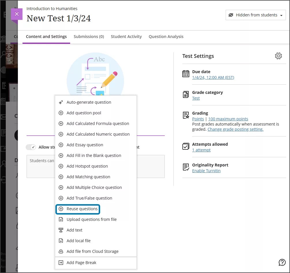 新しい評価のための質問を追加するドロップダウンメニュー、再利用する質問が強調表示されている