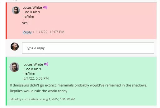 学生の投稿に対する1語の返信赤い背景と、2文からなる学生の投稿緑の背景の画像