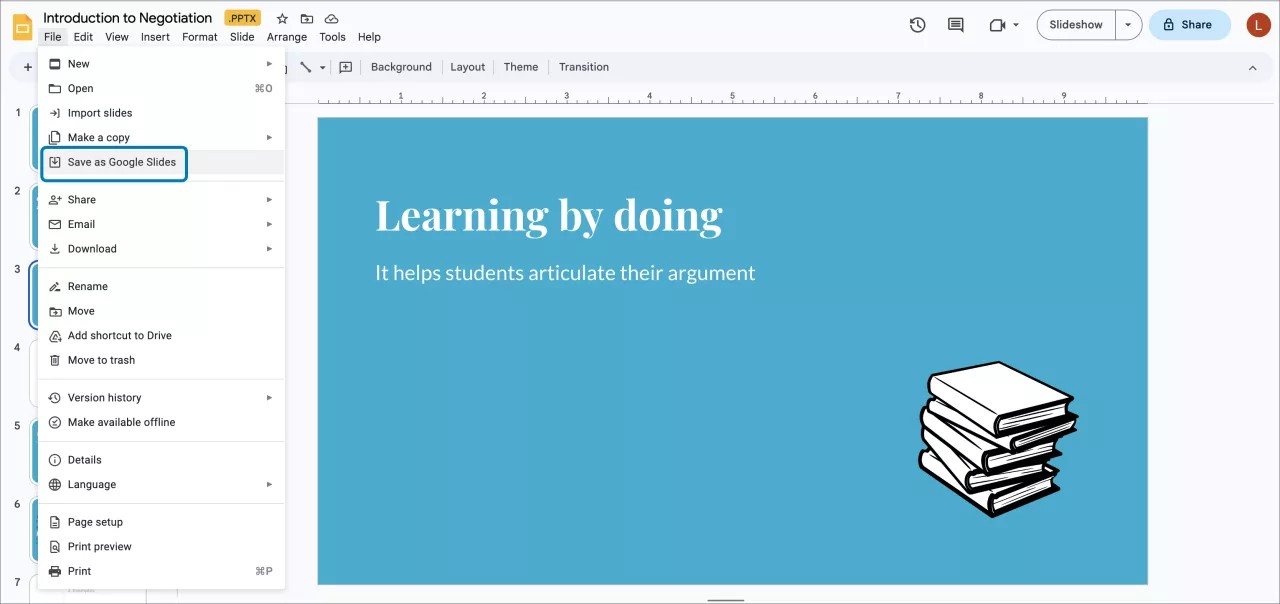 Bilde av brukergrensesnittet i Google Workspace. Alternativet Lagre som er uthevet i Fil-menyen.